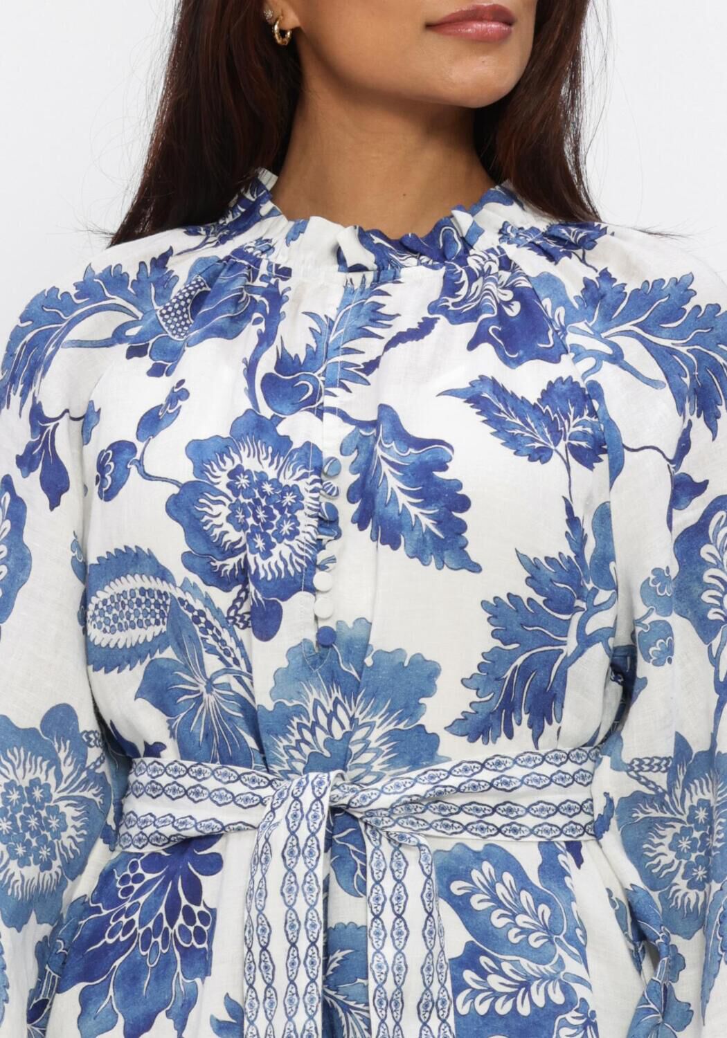 Pink Baby Isadora floral belted maxi dress in blue and white with a flowy, elegant design and waist belt, perfect for warm weather.