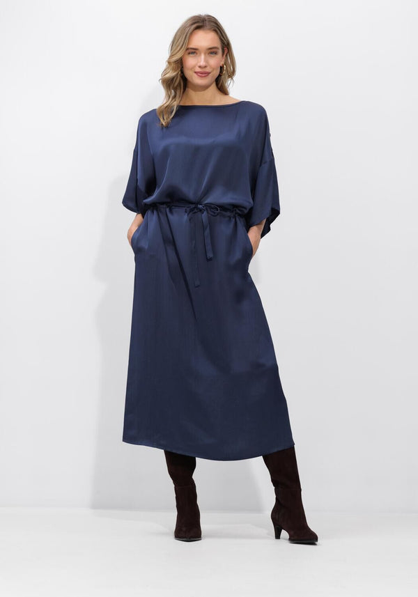 Navy Noemi satin tie-waist midi dress by Pink Baby featuring a sleek, elegant silhouette and soft satin fabric.