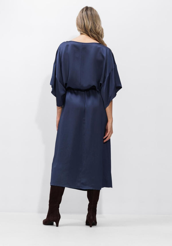 Noemi satin tie-waist midi dress in navy by Pink Baby, featuring a sleek satin fabric and elegant tie detail at the waist.