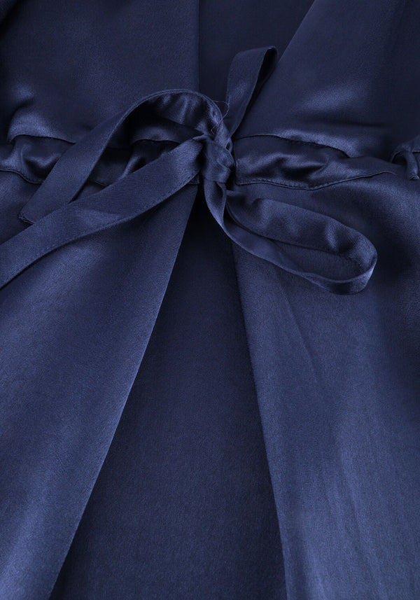 Navy Noemi satin tie-waist midi dress by Pink Baby, featuring a sleek satin finish and elegant midi length.