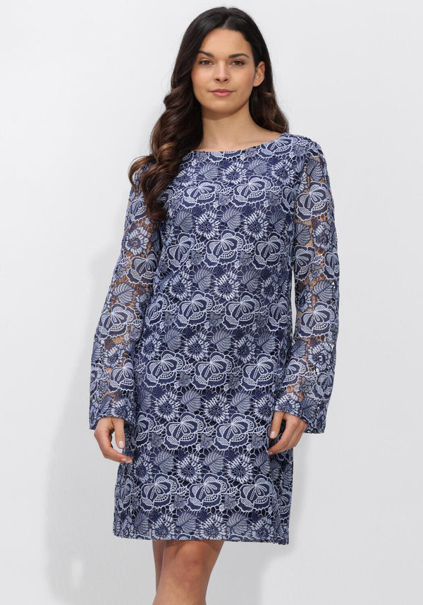 Navy blue Rosa Lace Floral Dress with tie-back detail by Pink Baby, featuring delicate lace and floral pattern, perfect for special occasions.