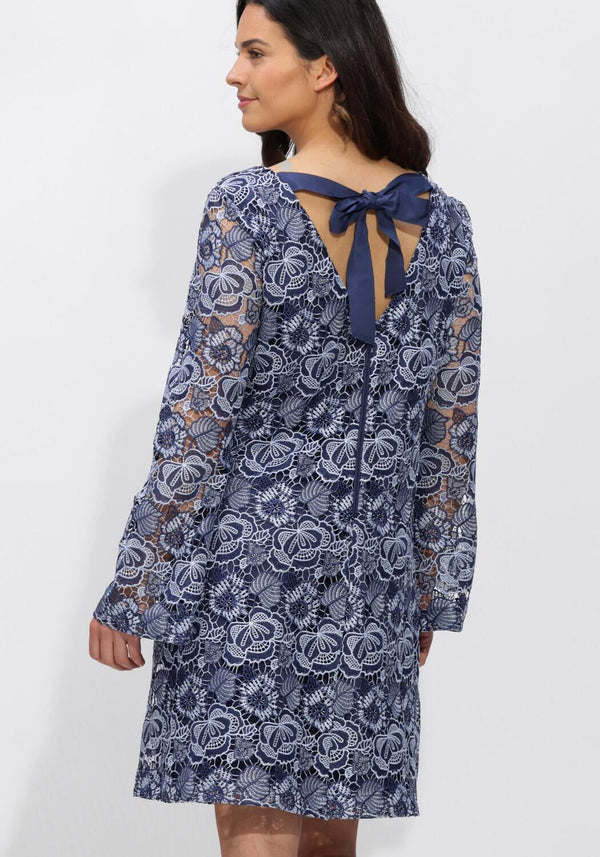 Pink Baby navy blue Rosa lace floral dress with tie-back detail, featuring delicate lace and floral pattern for elegant style.