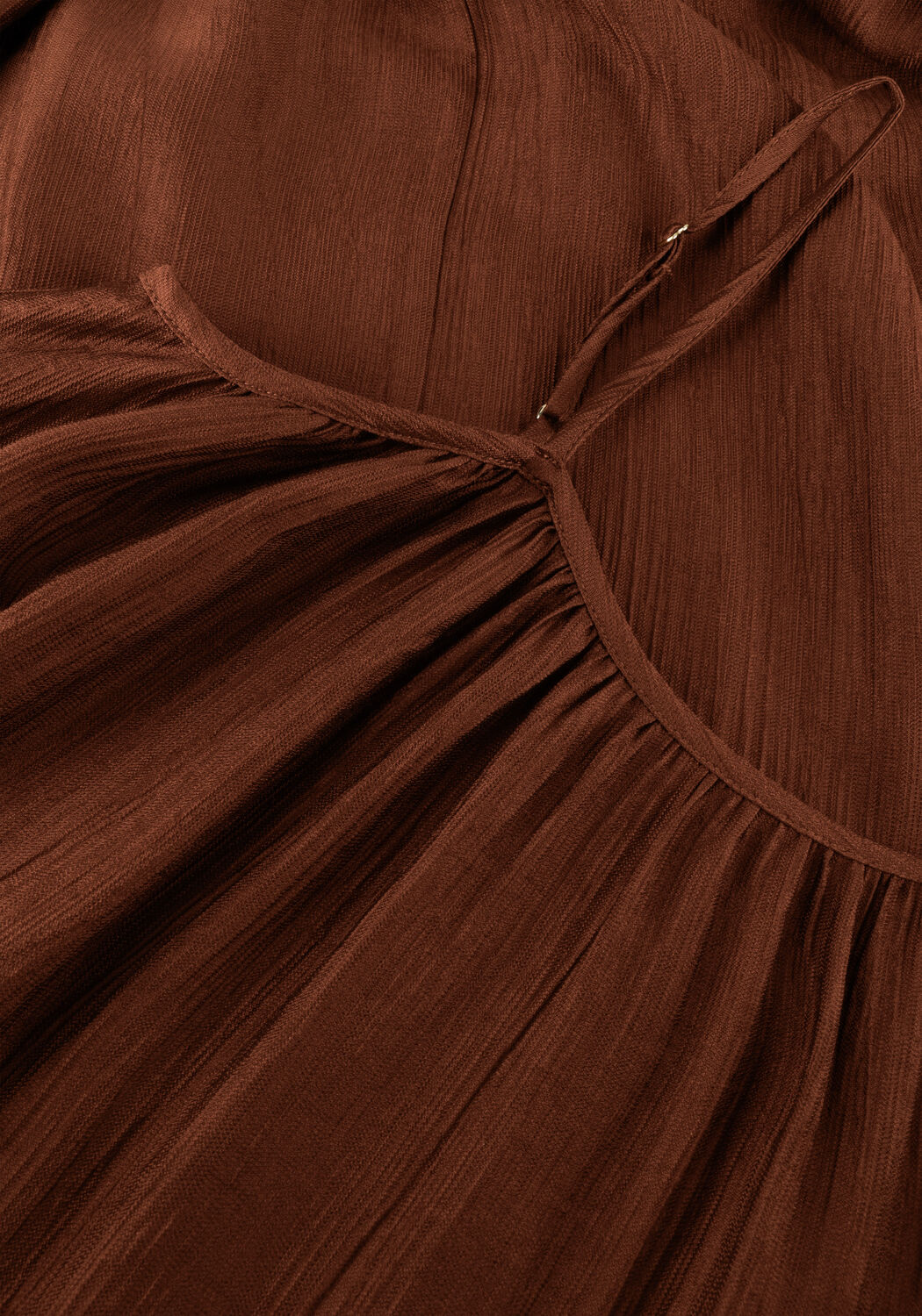Pink Baby Sofia pleated satin maxi dress in chocolate brown, flowing design with pleats and elegant style.
