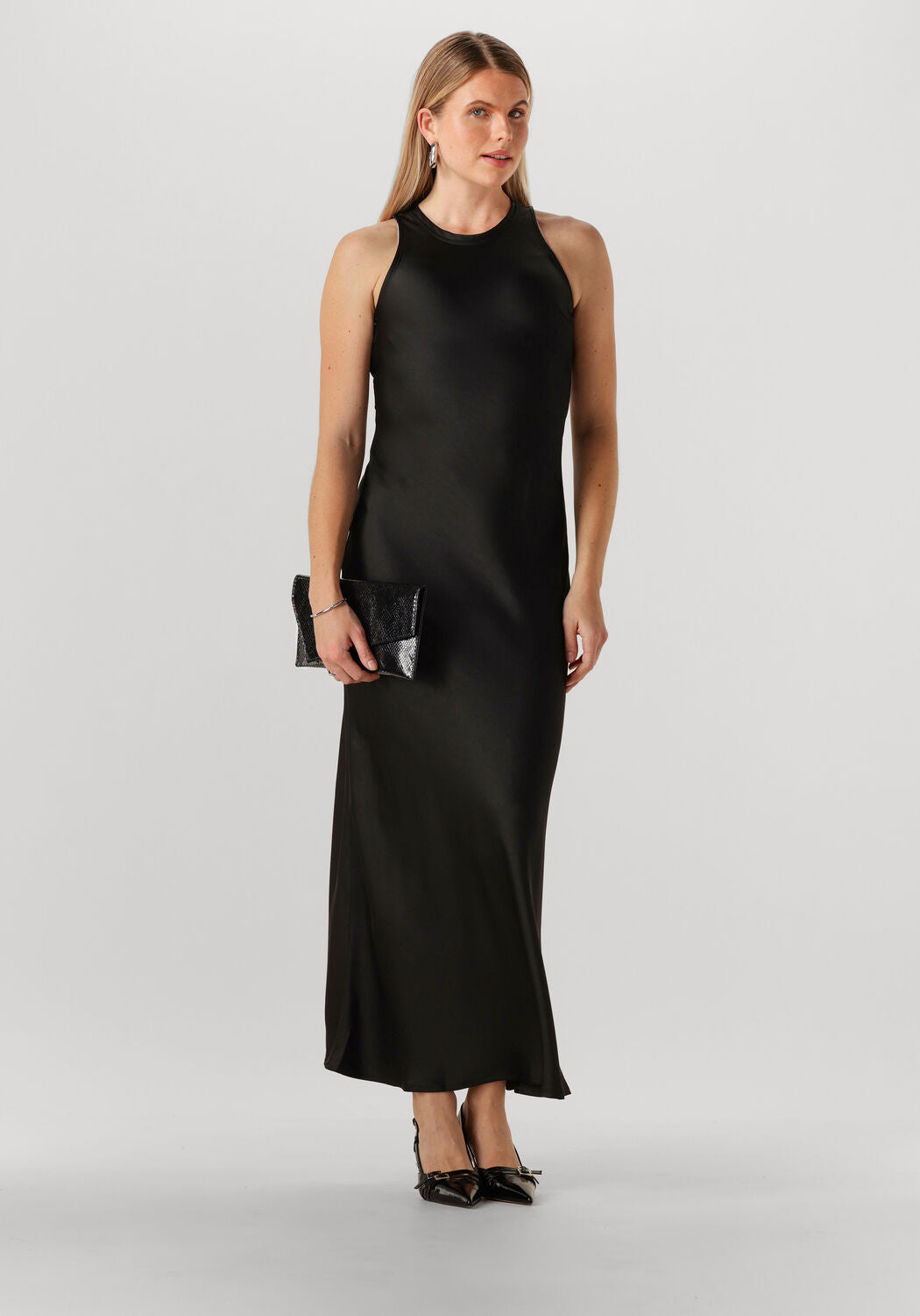 Black Aliya Satin High-Neck Maxi Dress by Pink Baby, featuring a sleek satin fabric and elegant high neckline.