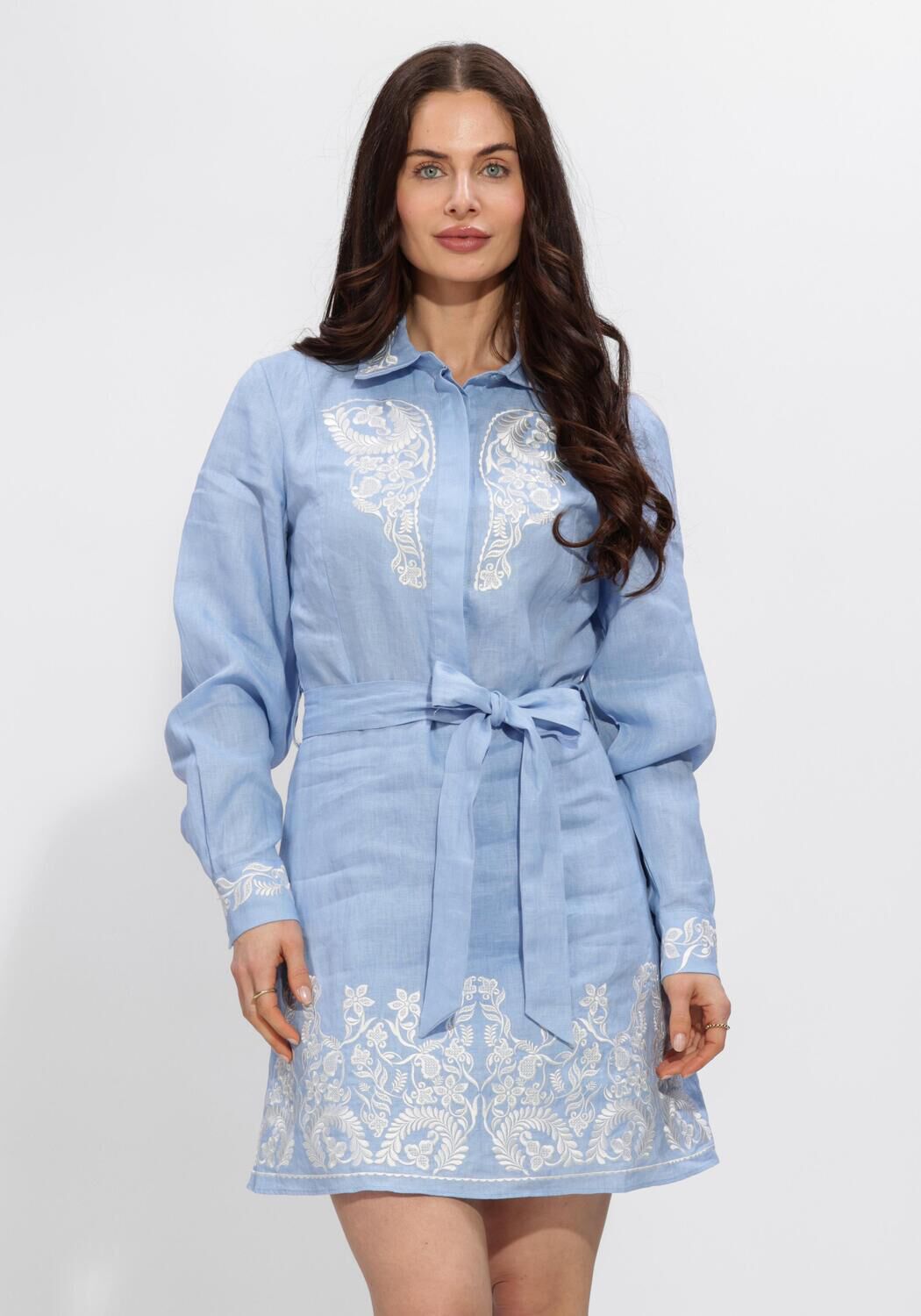 Light blue Isabella embroidered belted shirt dress by Pink Baby, featuring detailed embroidery and a relaxed fit.