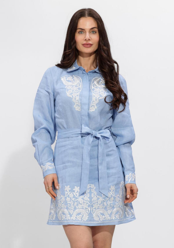 Light blue Isabella embroidered belted shirt dress by Pink Baby, featuring detailed embroidery and a relaxed fit.