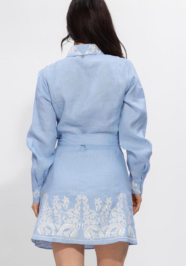 Pink Baby Isabella light blue embroidered belted shirt dress displayed on a hanger, showcasing detailed embroidery and classic shirt dress style.