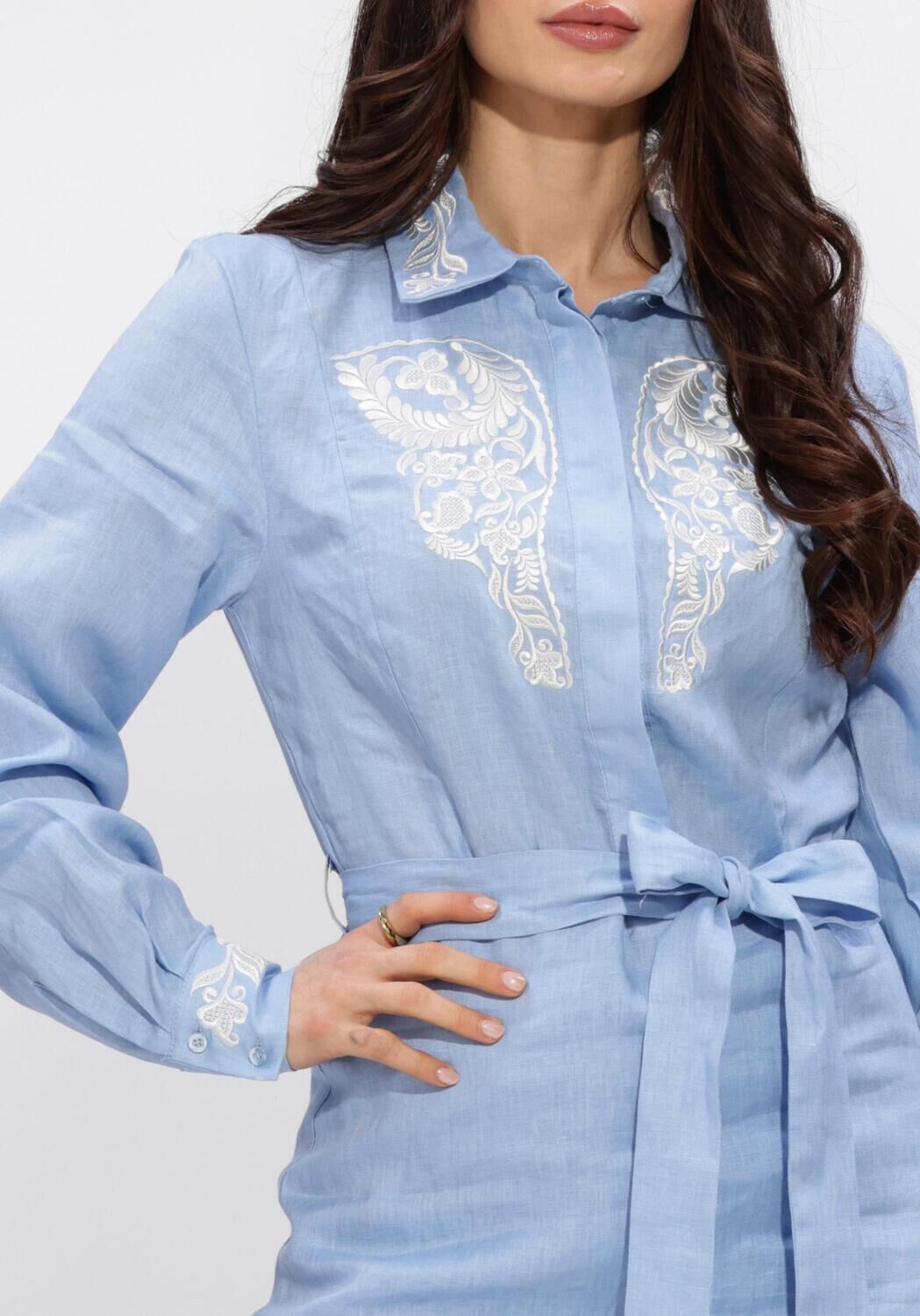 Light blue Isabella embroidered belted shirt dress by Pink Baby, featuring intricate embroidery and a comfortable fit.
