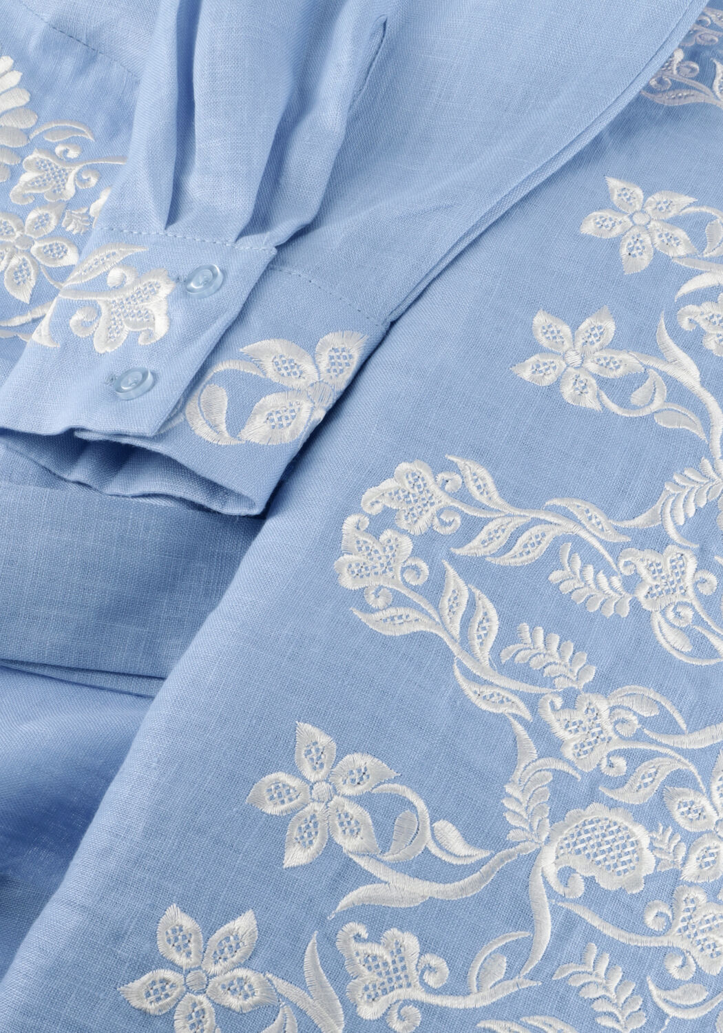 Light blue Isabella embroidered belted shirt dress by Pink Baby, featuring floral embroidery and a waist belt.