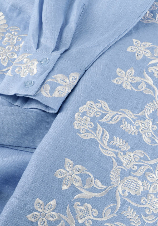 Light blue Isabella embroidered belted shirt dress by Pink Baby, featuring floral embroidery and a waist belt.