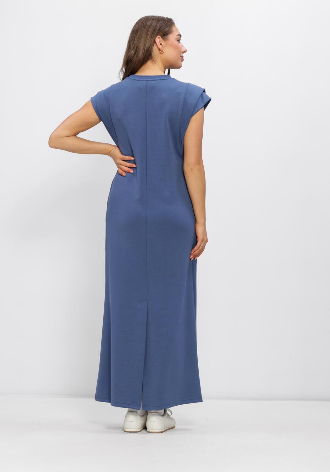 Pink Baby Adriana cap-sleeve column maxi dress in dusty blue, elegant floor-length dress with a fitted silhouette and soft fabric.