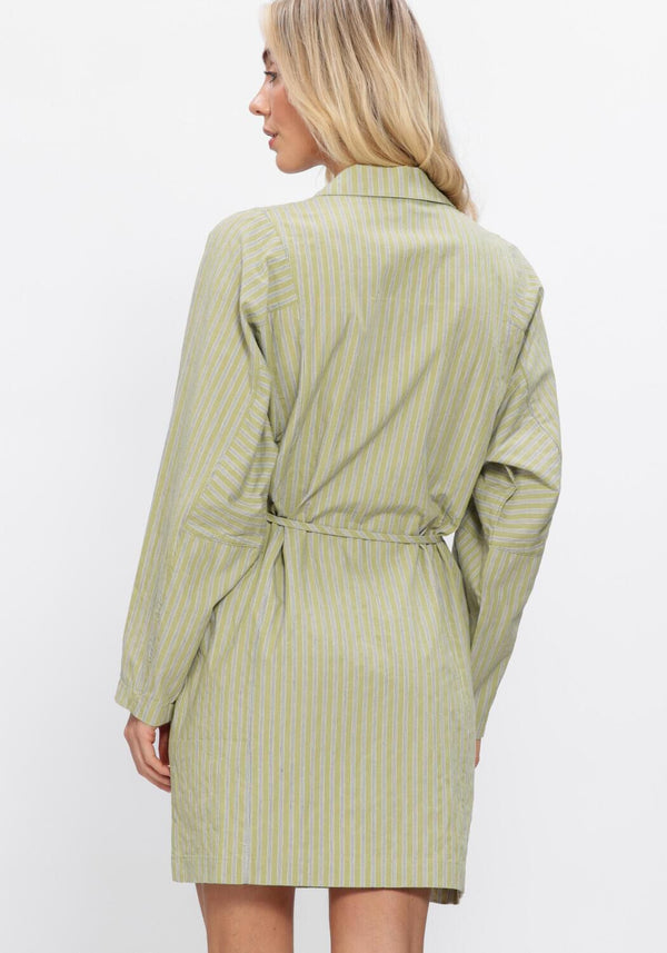Pink Baby Emilia striped belted shirt dress in sage green, featuring a tailored fit and classic collar for a stylish look.