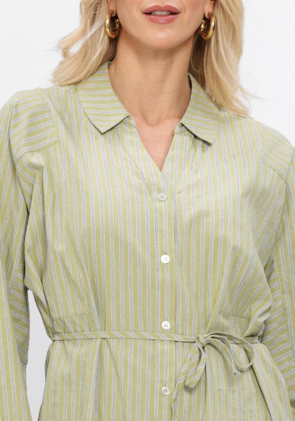 Pink Baby Emilia striped belted shirt dress in sage green, featuring a casual collar, button front, and long sleeves.