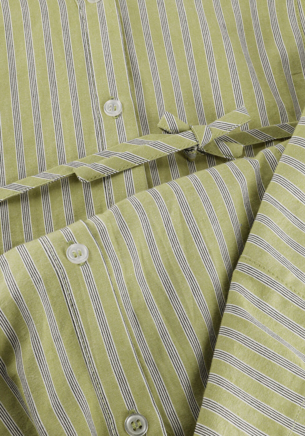 Sage green Emilia striped belted shirt dress by Pink Baby, featuring long sleeves and a relaxed fit.