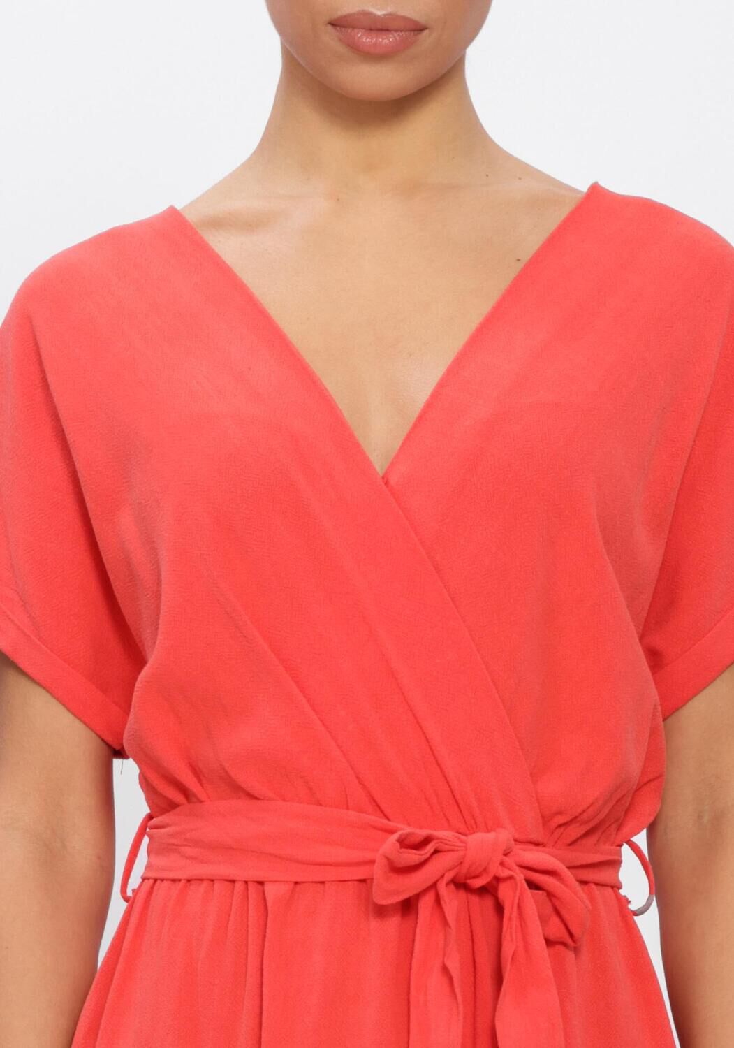 Pink Baby Alina belted wrap maxi dress in coral, featuring a flowy silhouette and waist belt, perfect for summer occasions.