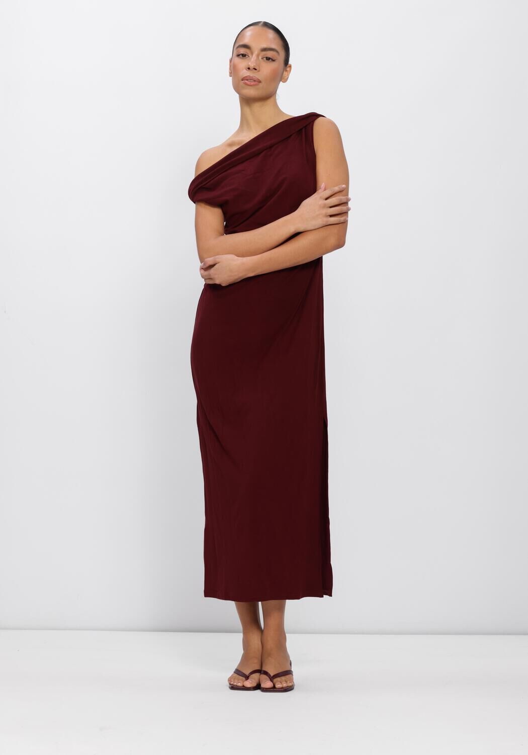 Pink Baby burgundy Valentine draped one-shoulder midi dress, elegant evening gown with a flowing silhouette and stylish design.
