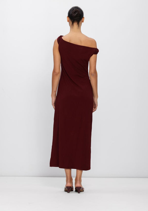 Burgundy Valentine Draped One-Shoulder Midi Dress by Pink Baby, featuring elegant draping and a stylish one-shoulder design.