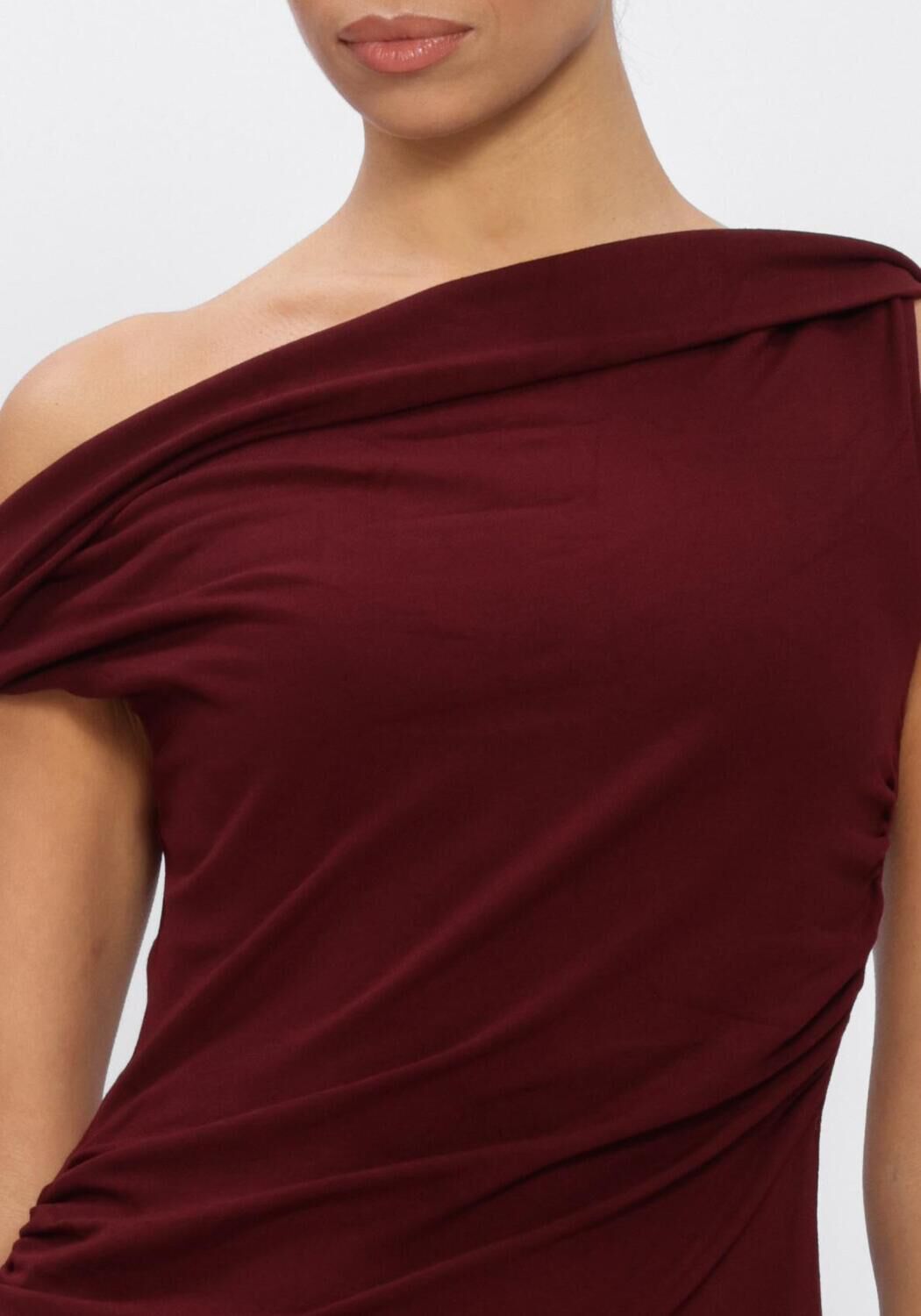 Pink Baby burgundy Valentine draped one-shoulder midi dress, showcasing elegant fabric and stylish design.