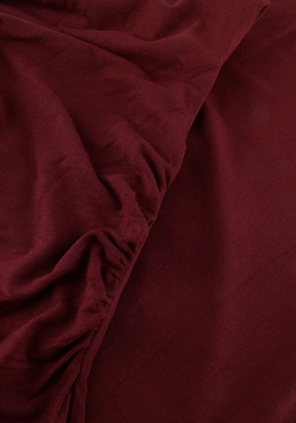 Pink Baby burgundy Valentine draped one-shoulder midi dress, showcasing elegant fabric and stylish asymmetrical design.