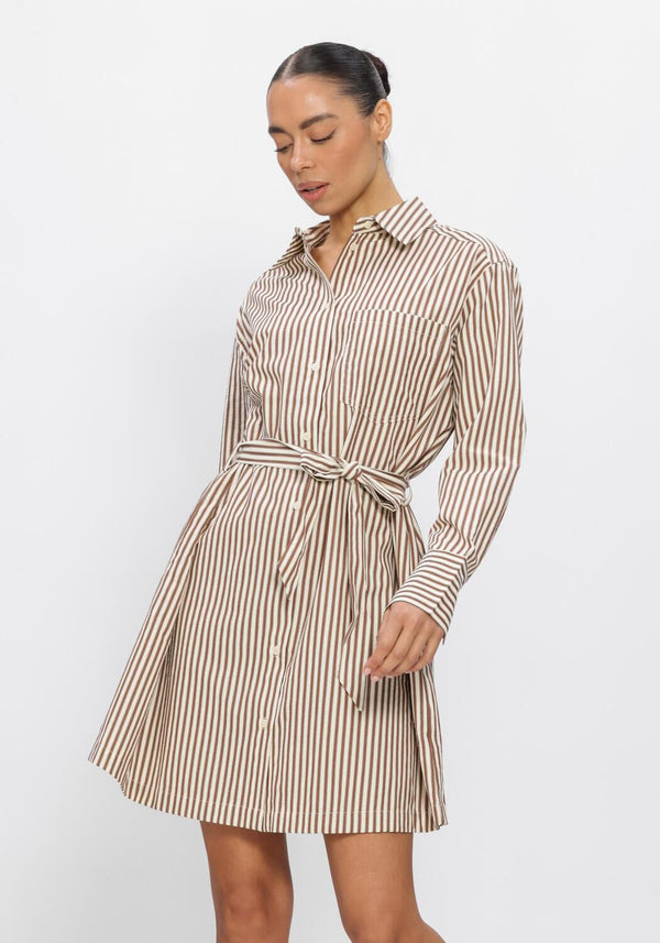 Pink Baby Judy striped belted shirt dress in beige and brown, featuring a classic collar and button-front design.