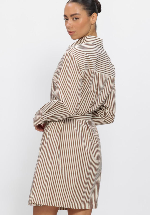 Pink Baby Judy striped belted shirt dress in beige and brown, featuring a classic collar and button-front design.