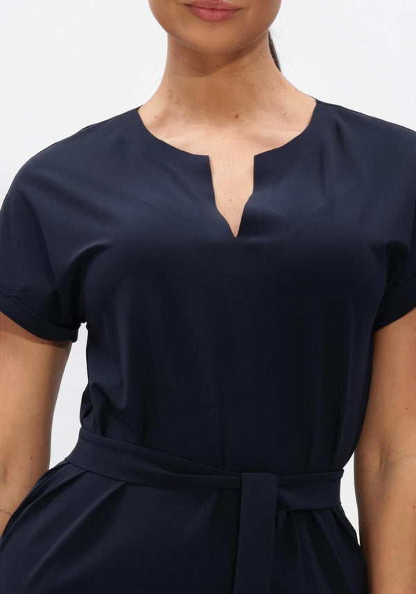 Pink Baby Serena belted notch-neck midi dress in navy, featuring a stylish notch neckline and waist belt for a chic look.