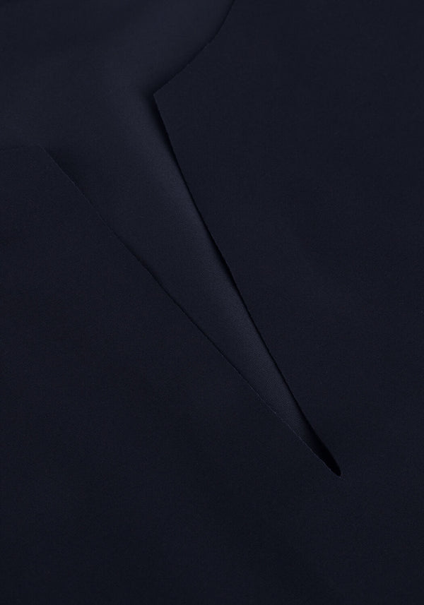 Pink Baby Serena belted notch-neck navy midi dress displayed on a hanger, showcasing its elegant design and midi length.