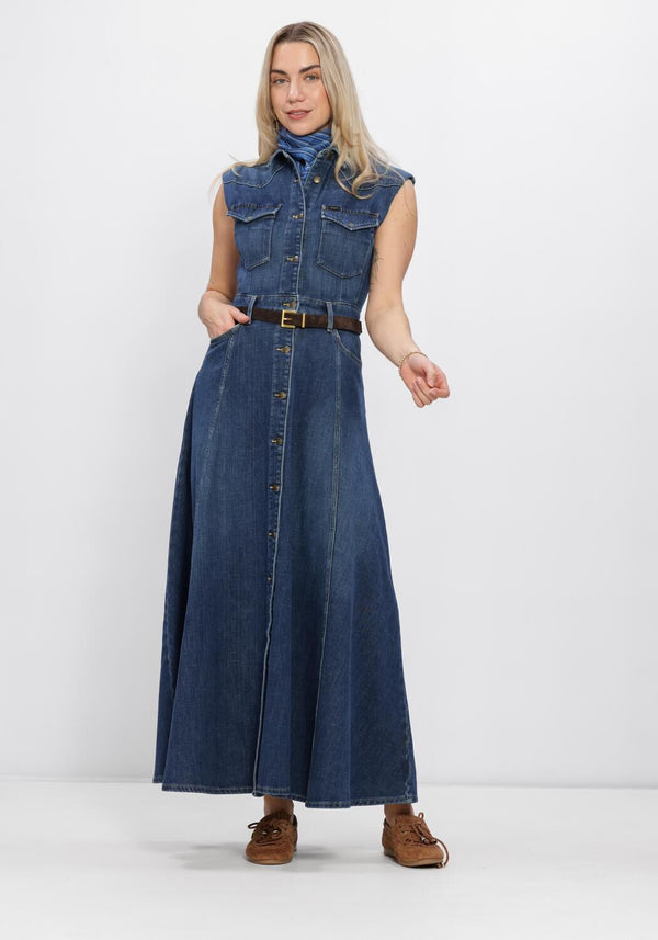 Dark blue Genevieve belted denim maxi dress by Pink Baby, featuring a stylish waist belt and flowing length.