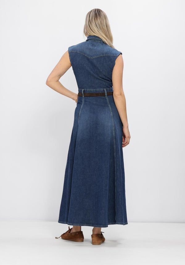 Dark blue Genevieve belted denim maxi dress by Pink Baby, featuring a relaxed fit and stylish waist belt.