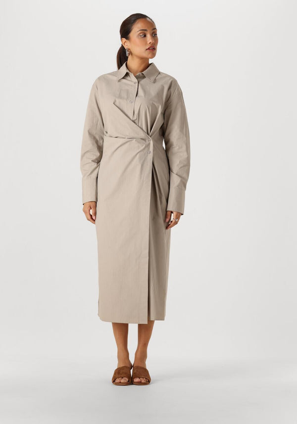 Pink Baby Fiona draped wrap shirt midi dress in stone beige, featuring a stylish draped design and midi length.