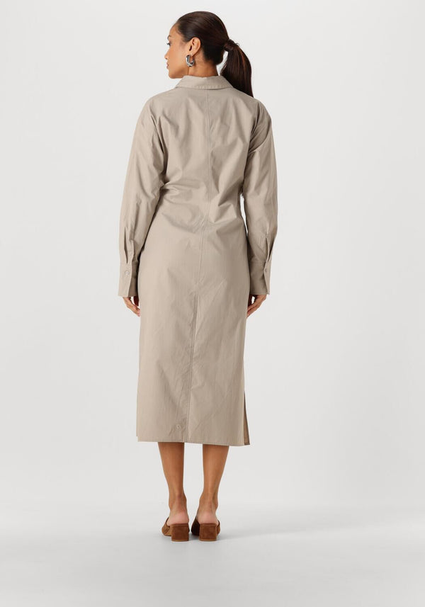Pink Baby Fiona Draped Wrap Shirt Midi Dress in stone beige, featuring a draped wrap design and midi length.