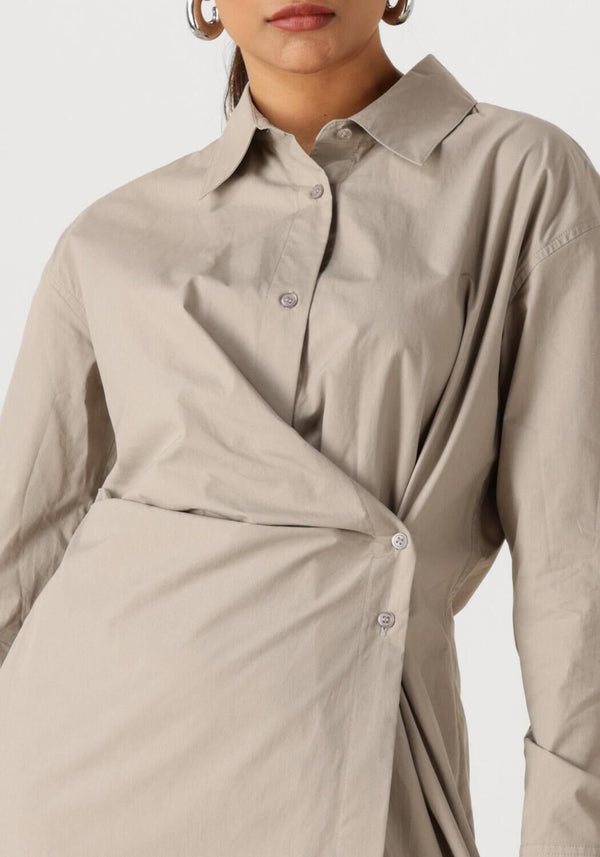 Pink Baby Fiona Draped Wrap Shirt Midi Dress in stone beige, featuring a stylish draped wrap design and midi length.