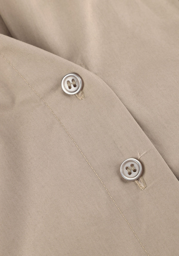 Pink Baby Fiona draped wrap shirt midi dress in stone beige, featuring a stylish, flowy silhouette and elegant design.