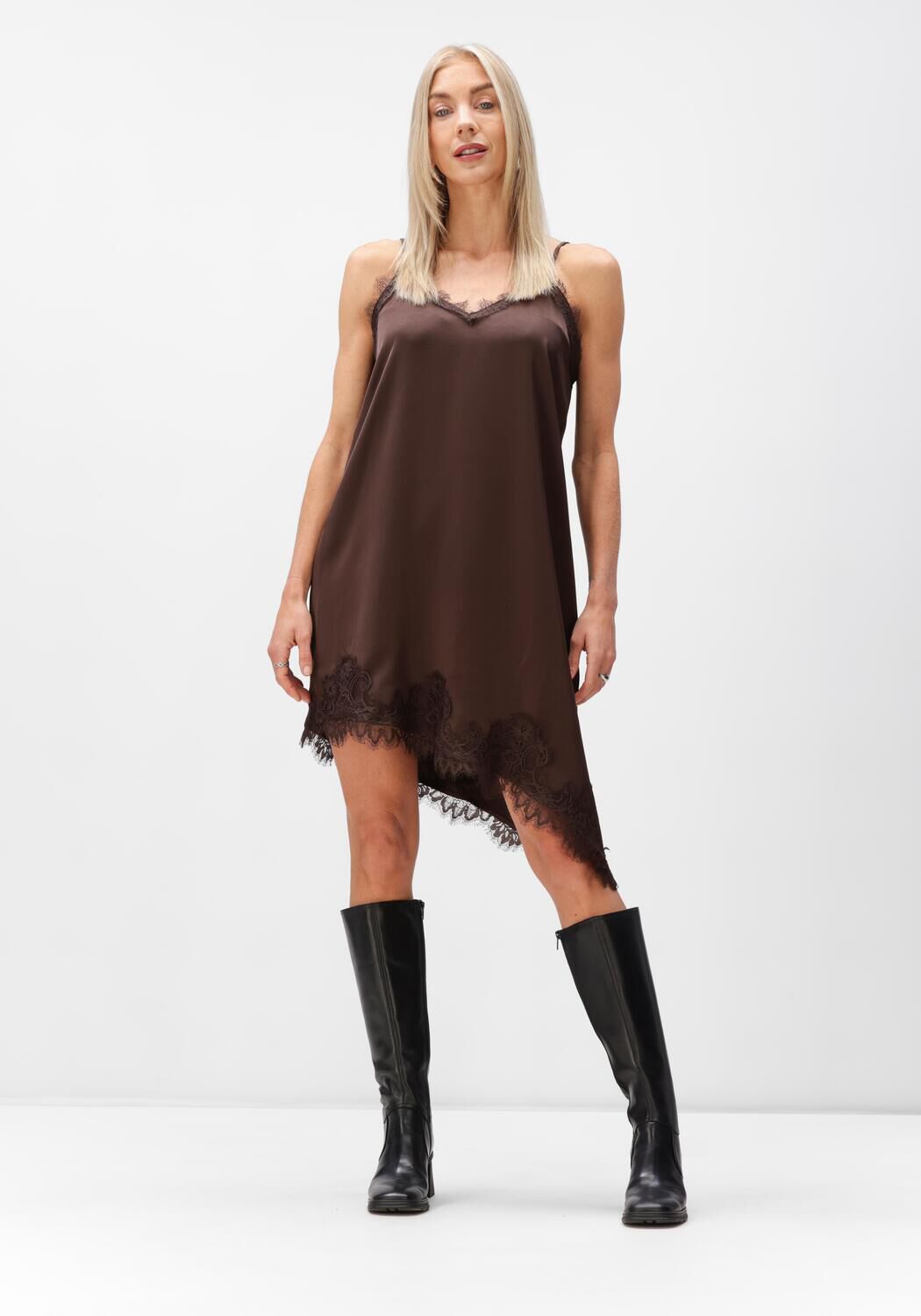 Pink Baby Charlotte brown satin slip dress with lace trim, elegant evening dress for women, featuring a smooth satin fabric and delicate lace details.