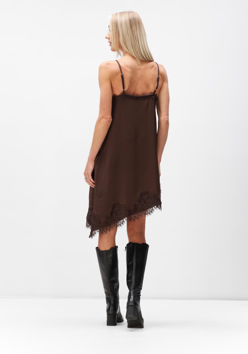 Charlotte Brown satin slip dress with lace trim by Pink Baby, featuring smooth satin fabric and delicate lace accents.