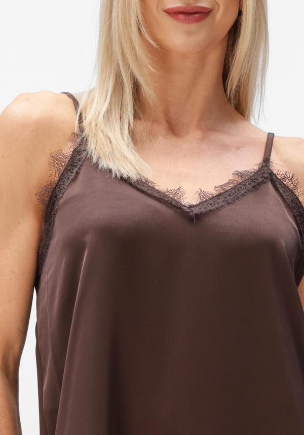 Charlotte Brown satin slip dress with lace trim from Pink Baby, featuring a smooth satin fabric and delicate lace detailing.