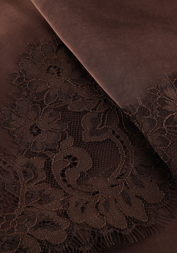Charlotte brown satin slip dress with lace trim by Pink Baby, featuring a smooth satin fabric and delicate lace accents.