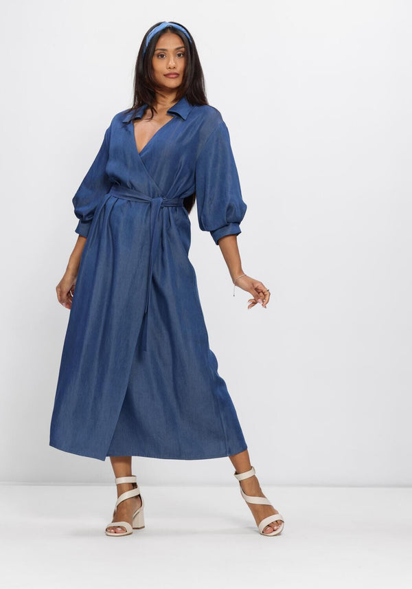 Pink Baby Violinda wrap shirt midi dress in denim blue, featuring a stylish wrap design and midi length perfect for casual wear.