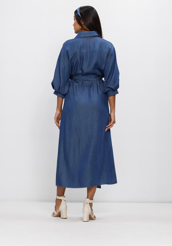 Pink Baby Violinda wrap shirt midi dress in denim blue, featuring a stylish V-neck and waist tie detail.
