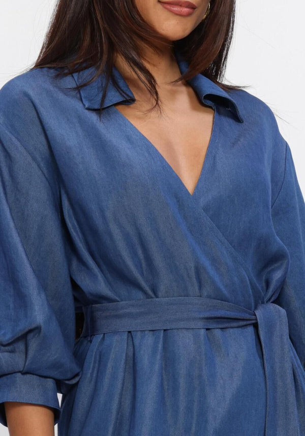 Pink Baby Violinda wrap shirt midi dress in denim blue, featuring a stylish wrap design and midi length for a chic look.