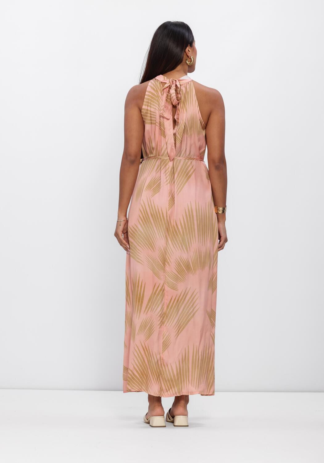 Pink Baby Samanta floral neck halter maxi dress in blush with a flowing, floral-patterned fabric and elegant halter neckline.