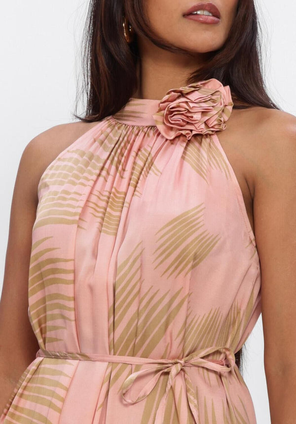 Pink Baby Samanta floral halter maxi dress in blush with a floral pattern, featuring a halter neckline and flowing skirt.