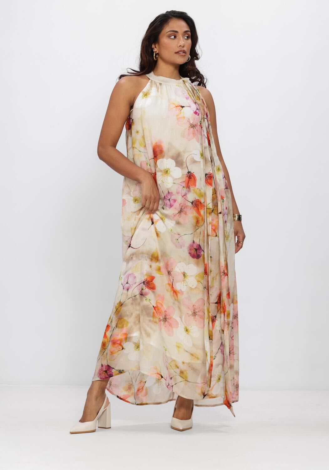 Pink Baby Elara Floral Halterneck Maxi Dress in Ivory Multi with a flowing, floral design and halterneck style for elegant summer wear.