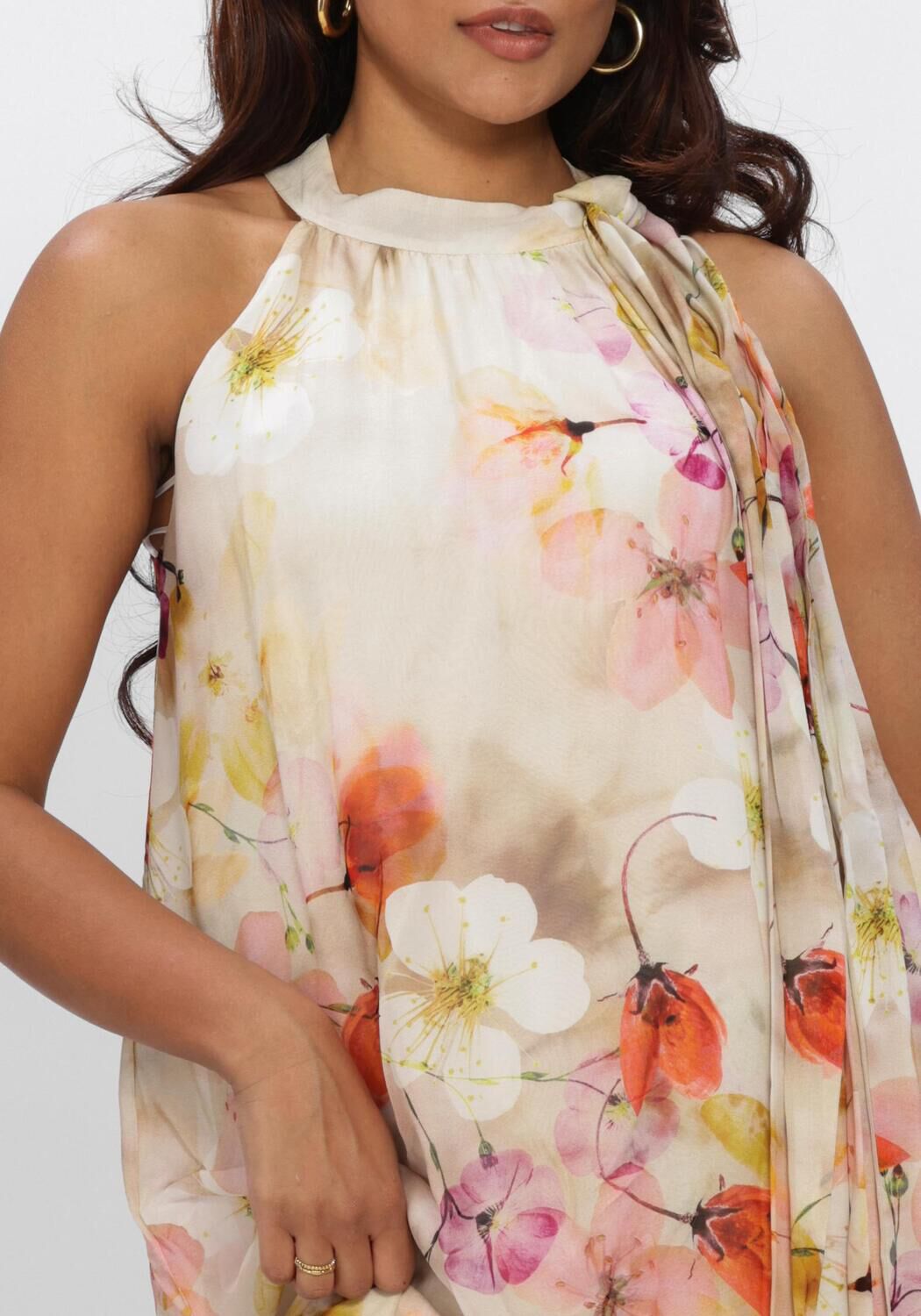Pink Baby Elara Floral Halterneck Maxi Dress in ivory with colorful floral pattern, flowing halterneck design, perfect for summer wear.