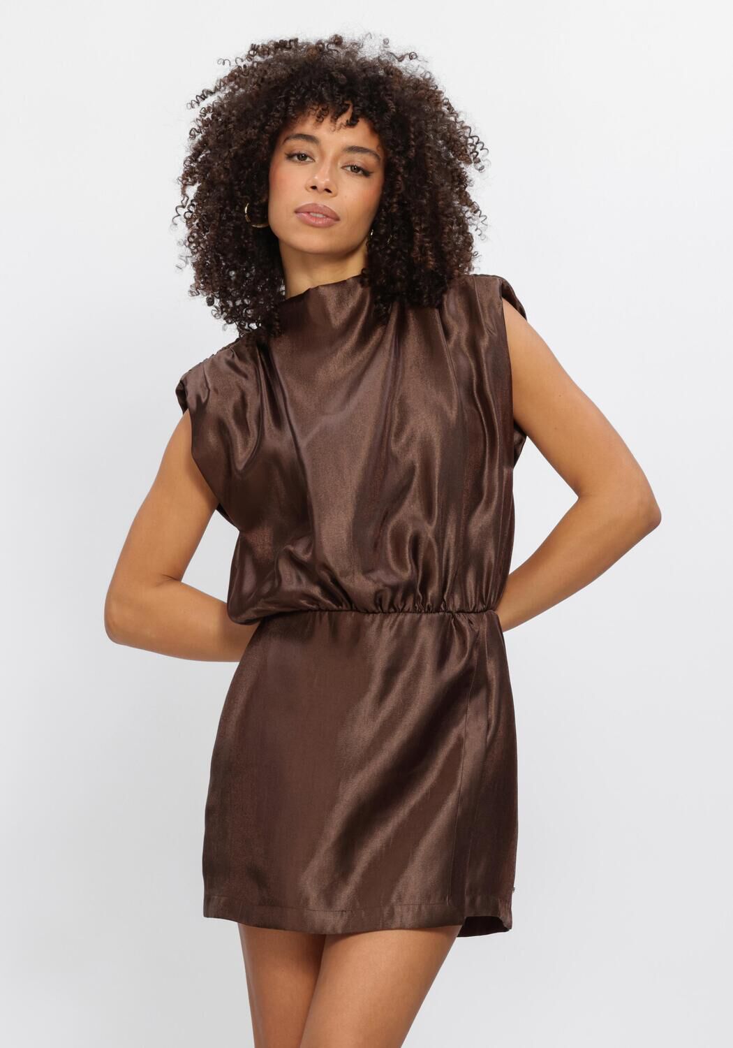 Pink Baby Valena Satin Mock-Neck Mini Dress in chocolate brown, showcasing the elegant satin fabric and fitted silhouette.