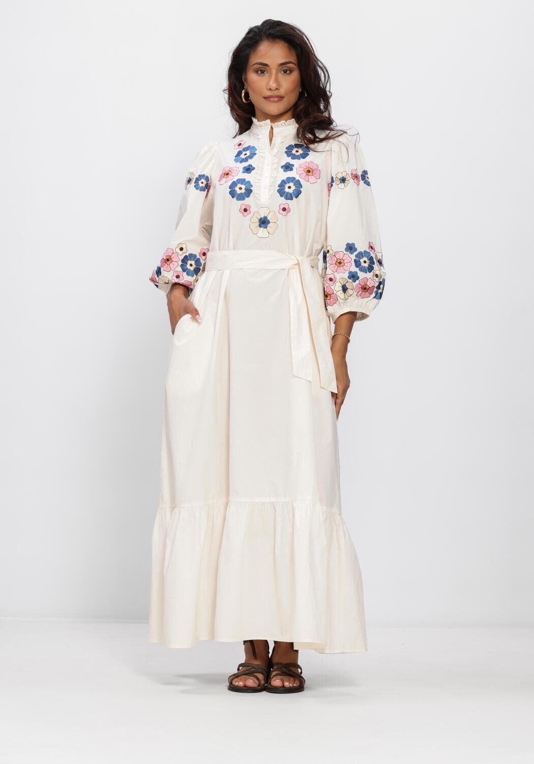Ivory Eliana floral embroidered belted maxi dress by Pink Baby, featuring intricate embroidery and a flowing silhouette.