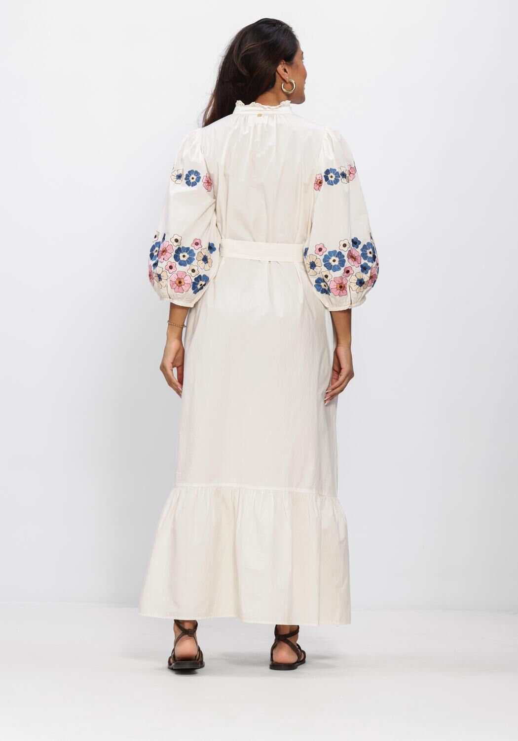 Ivory Eliana floral embroidered belted maxi dress by Pink Baby, featuring intricate embroidery and flowing fabric.