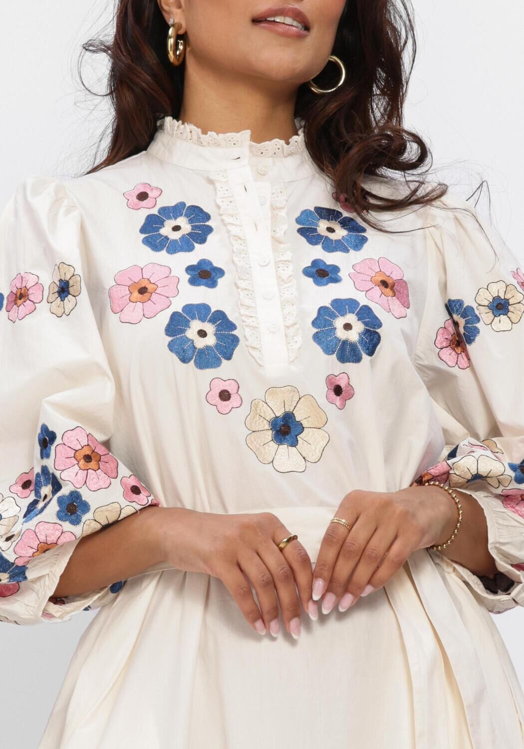 Ivory Eliana floral embroidered belted maxi dress by Pink Baby, featuring intricate embroidery and flowing fabric.