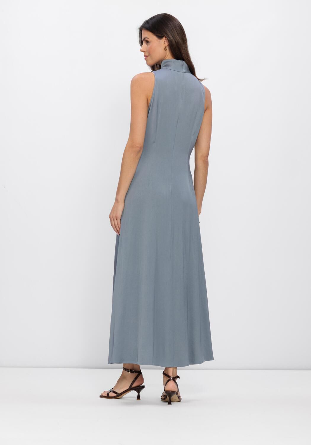 Dusty blue Celest draped high-neck maxi dress by Pink Baby, flowing fabric and elegant design, shown on a model.