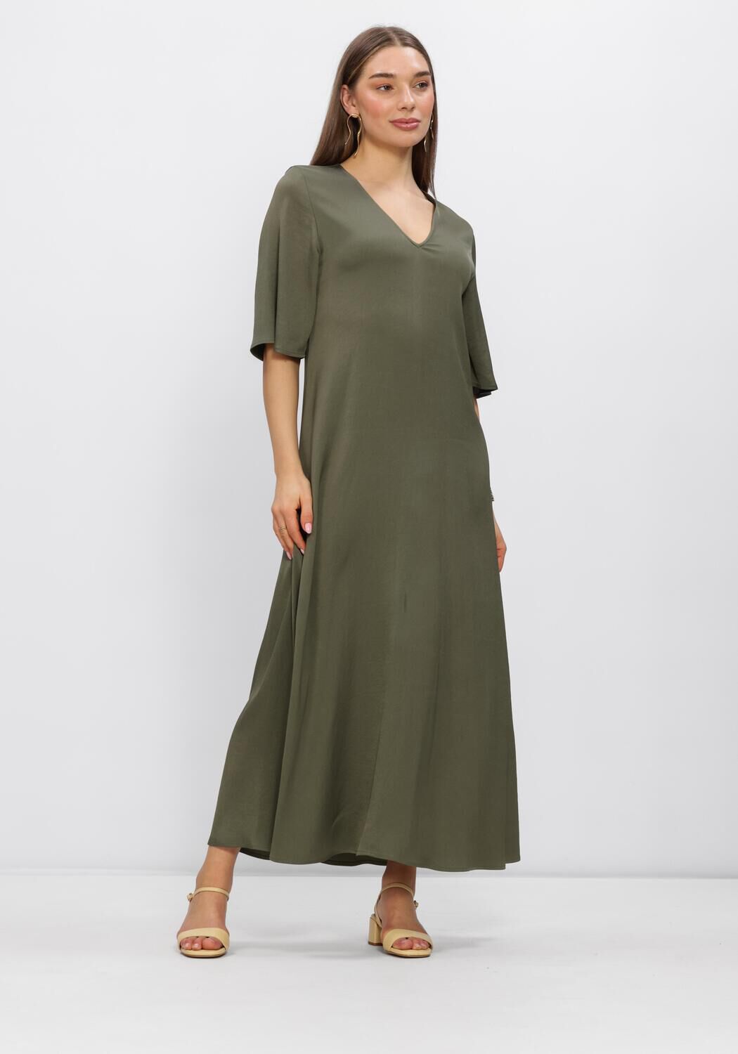 Olive green Alissa V-neck flowing maxi dress by Pink Baby displayed on a hanger against a white background.